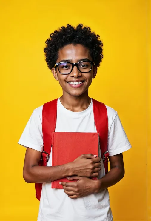 Élève souriant avec son livre et son sac